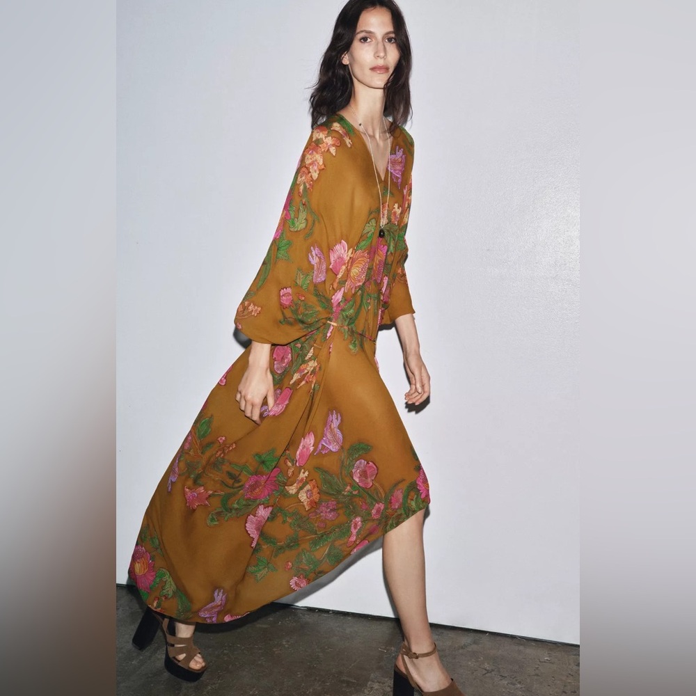 Zara Mustard Maxi Dress with Pink Floral Embroidery